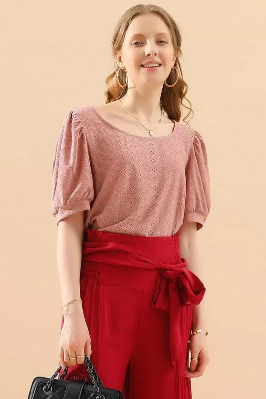 PUNCHING LACE PUFF HEM SLEEVE T SHIRTS