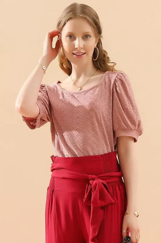 PUNCHING LACE PUFF HEM SLEEVE T SHIRTS