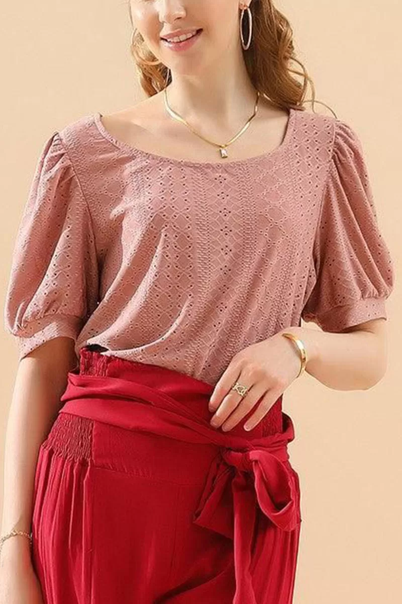 PUNCHING LACE PUFF HEM SLEEVE T SHIRTS