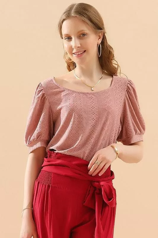 PUNCHING LACE PUFF HEM SLEEVE T SHIRTS