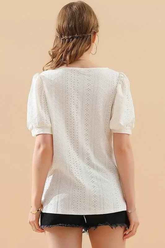 PUNCHING LACE PUFF HEM SLEEVE T SHIRTS