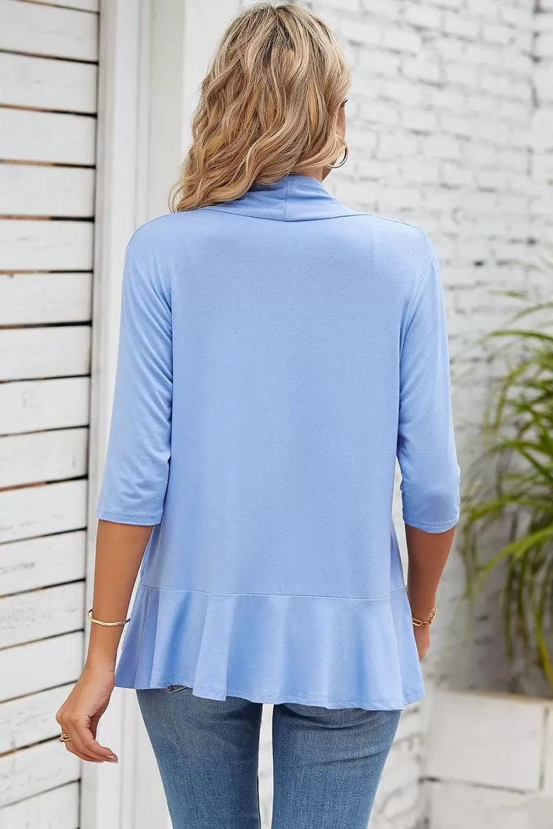 QUARTER SLEEVE RUFFLED FRONT OPEN CARDIGAN