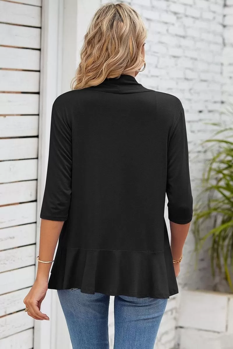 QUARTER SLEEVE RUFFLED FRONT OPEN CARDIGAN