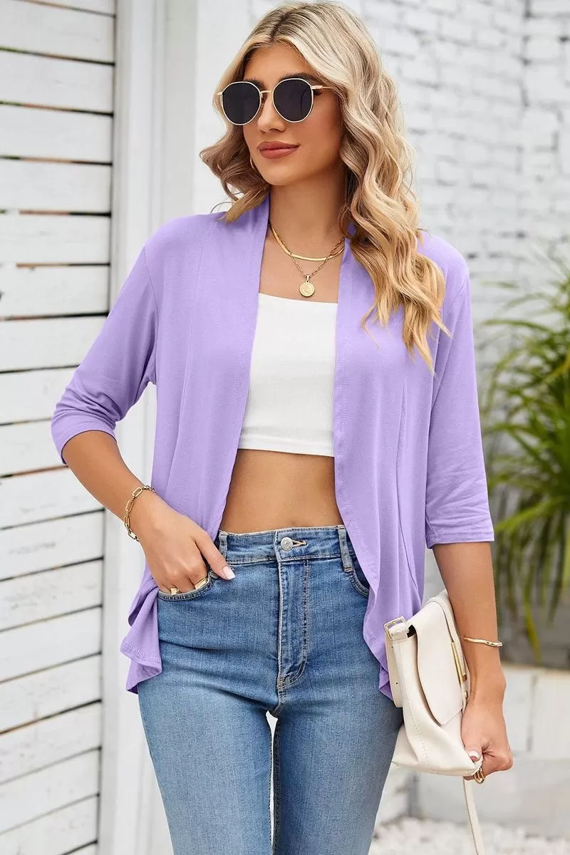 QUARTER SLEEVE RUFFLED FRONT OPEN CARDIGAN