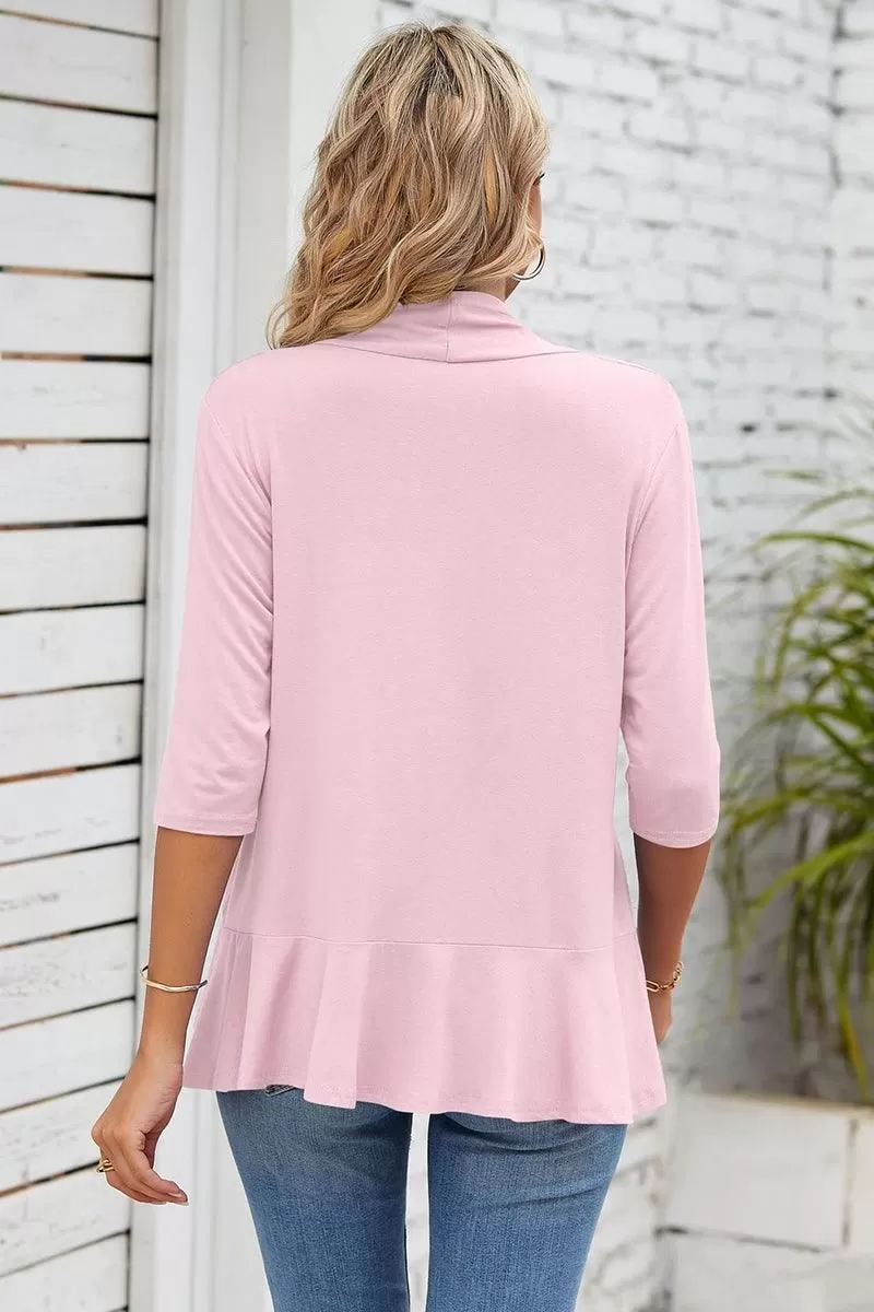 QUARTER SLEEVE RUFFLED FRONT OPEN CARDIGAN