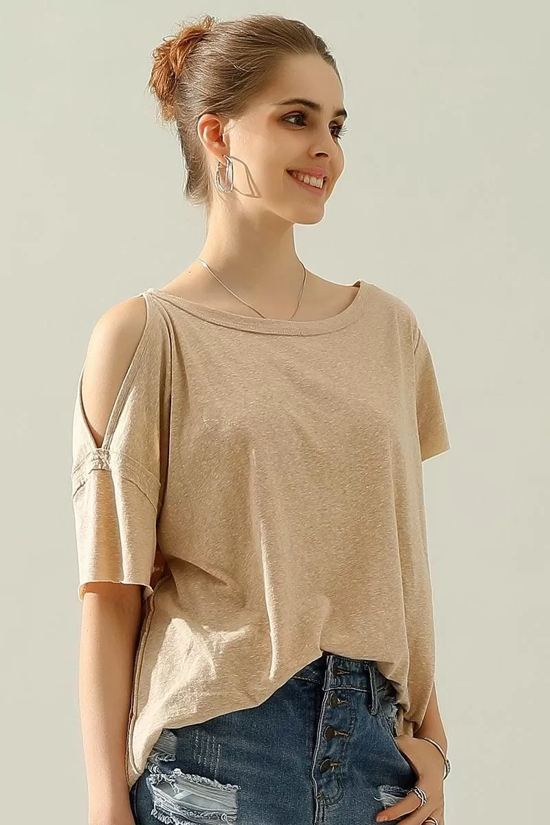 ROUND NECK RIGHT SHOULDER SLIT RAW CUT T SHIRT TOP