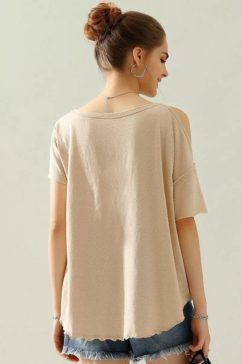 ROUND NECK RIGHT SHOULDER SLIT RAW CUT T SHIRT TOP