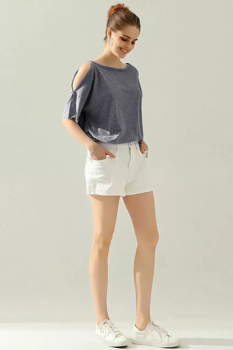 ROUND NECK RIGHT SHOULDER SLIT RAW CUT T SHIRT TOP