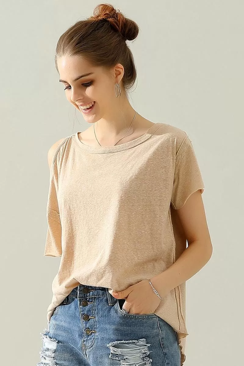 ROUND NECK RIGHT SHOULDER SLIT RAW CUT T SHIRT TOP