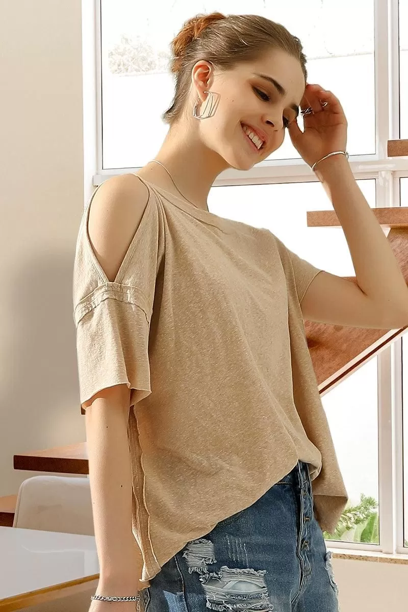 ROUND NECK RIGHT SHOULDER SLIT RAW CUT T SHIRT TOP