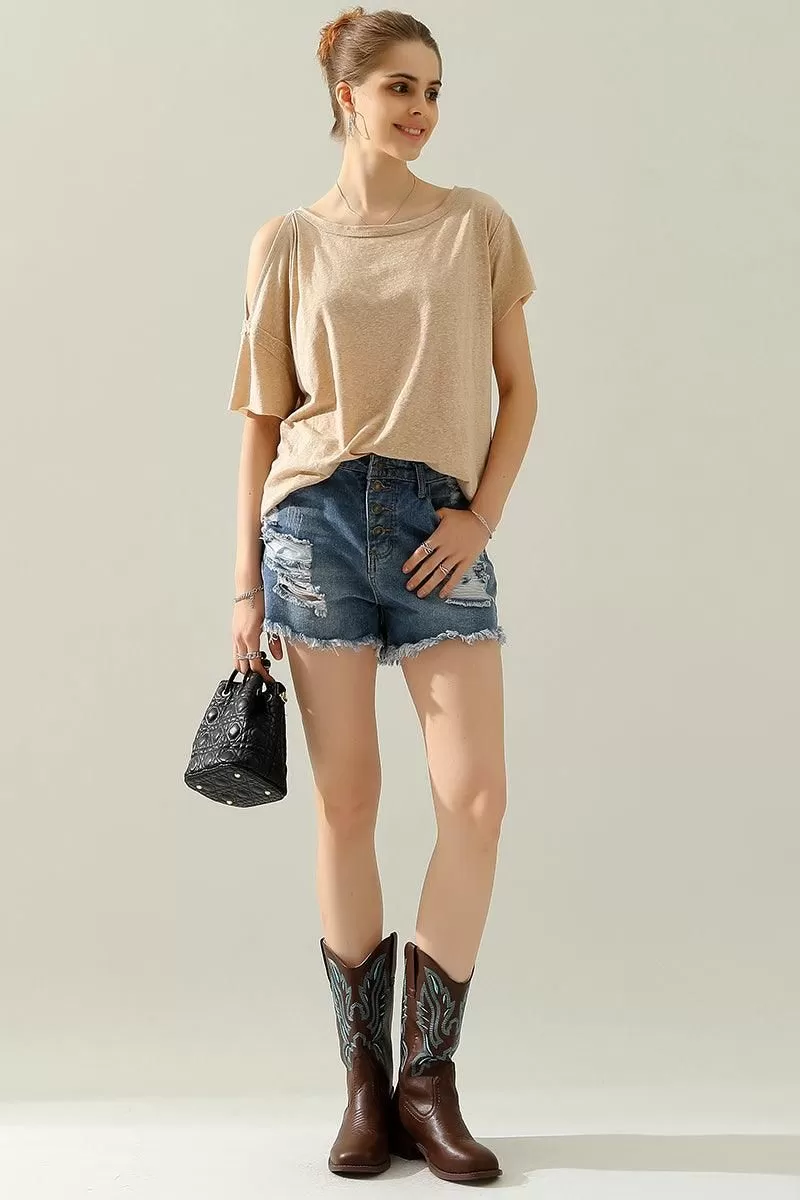 ROUND NECK RIGHT SHOULDER SLIT RAW CUT T SHIRT TOP