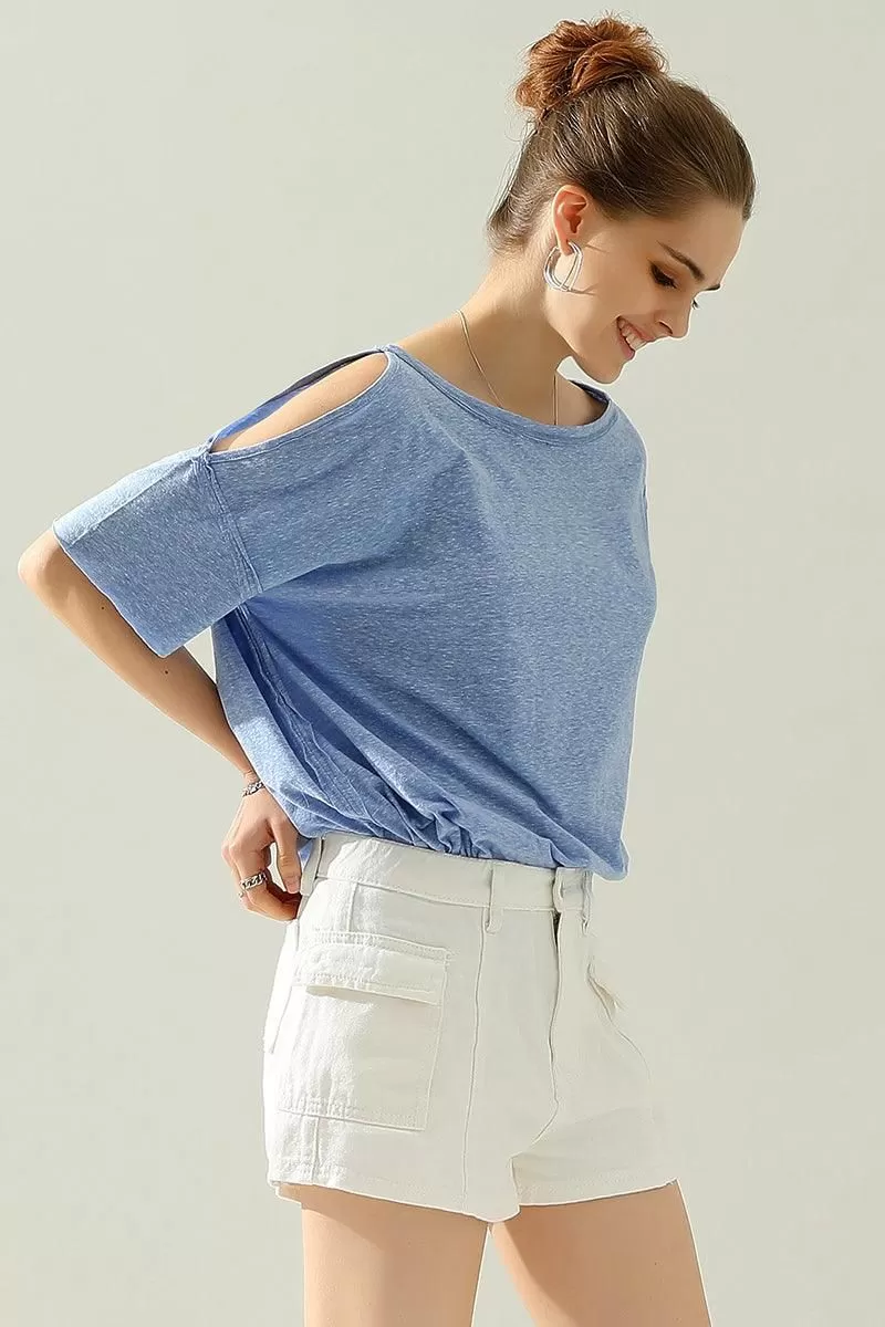 ROUND NECK RIGHT SHOULDER SLIT RAW CUT T SHIRT TOP