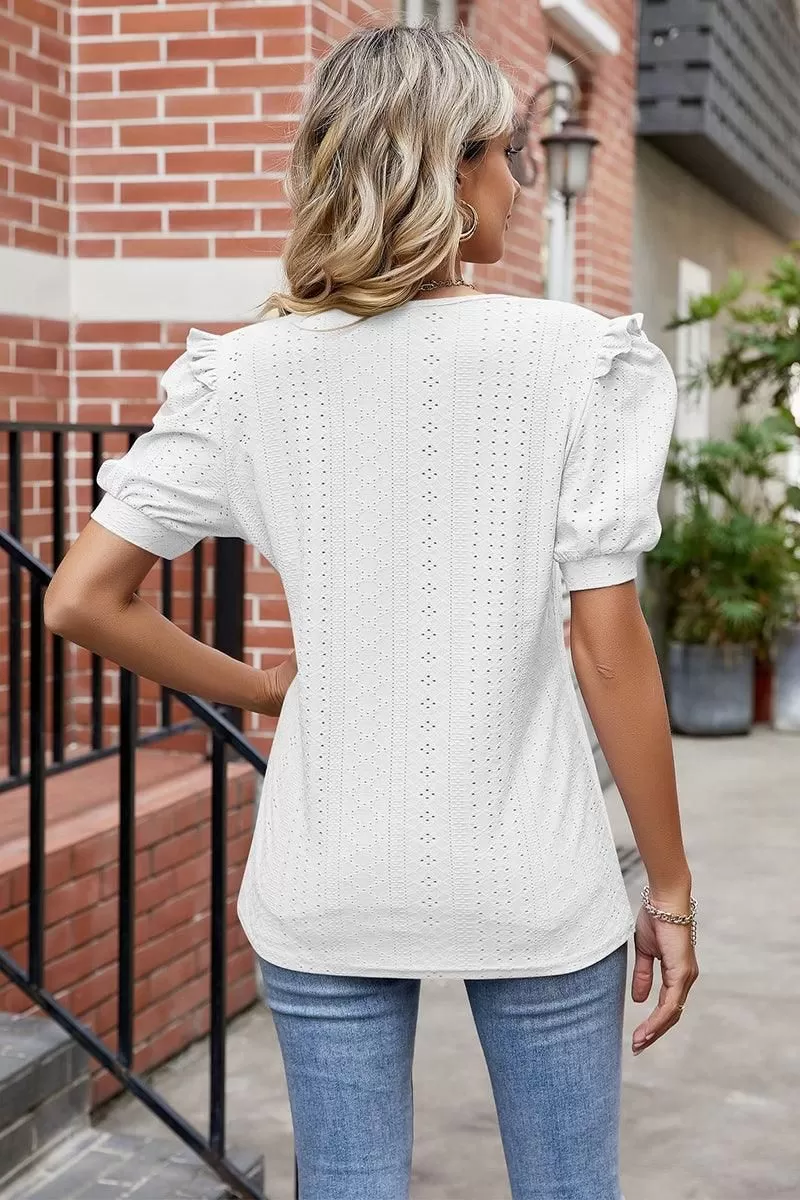 ROUND NECK RUFFLED PUFF SLEEVE EYELET T SHIRTS