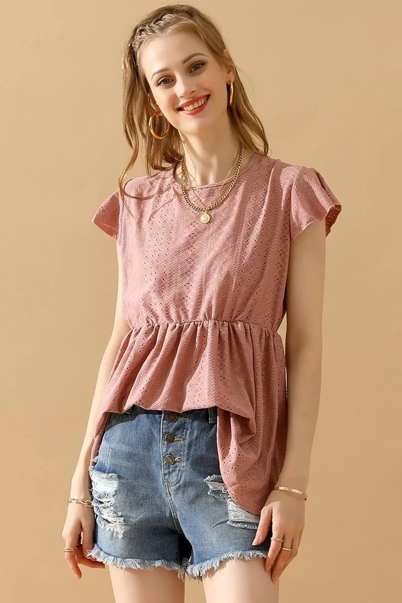 RUFFLED ELASTIC WAIST PUNCHING LACE TEE