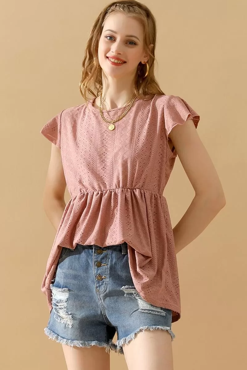 RUFFLED ELASTIC WAIST PUNCHING LACE TEE