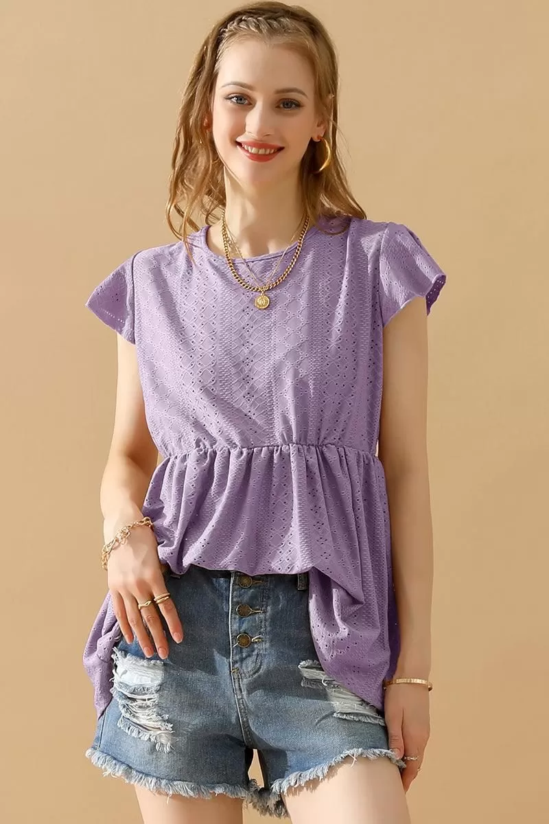 RUFFLED ELASTIC WAIST PUNCHING LACE TEE