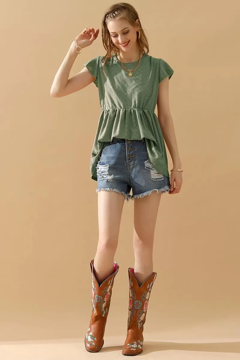 RUFFLED ELASTIC WAIST PUNCHING LACE TEE