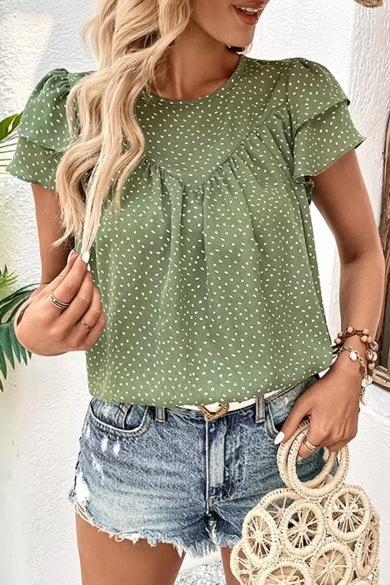 RUFFLED SHORT SLEEVE POLKA DOT TUNIC BLOUSE