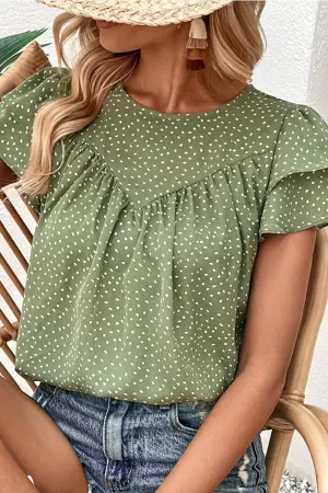 RUFFLED SHORT SLEEVE POLKA DOT TUNIC BLOUSE