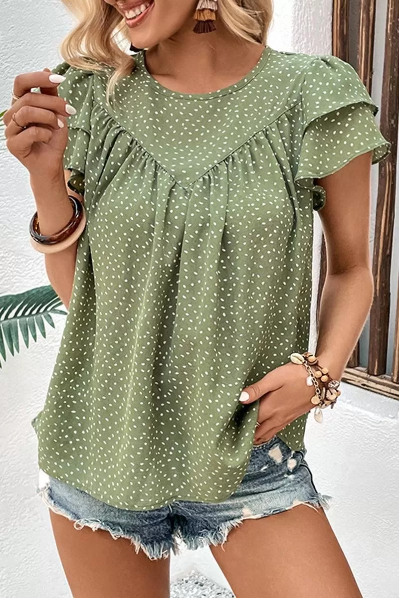 RUFFLED SHORT SLEEVE POLKA DOT TUNIC BLOUSE