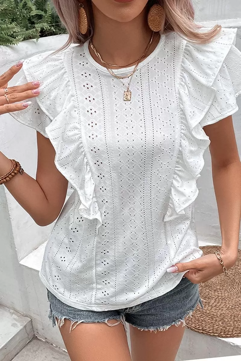 RUFFLED SLEEVE PUNCHING LACE CREW NECK TEE