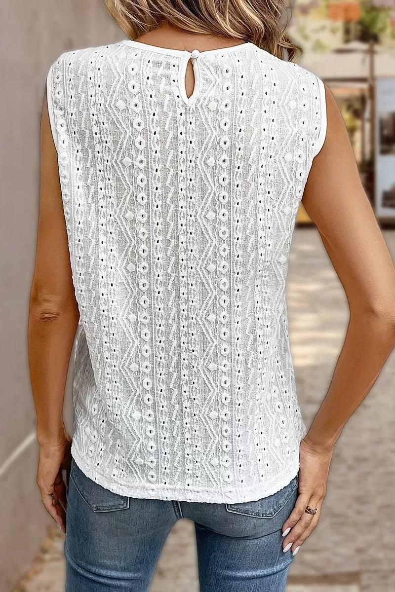 SEXY LACED NECK SLEEVELESS WOMEN EYELET T SHIRT