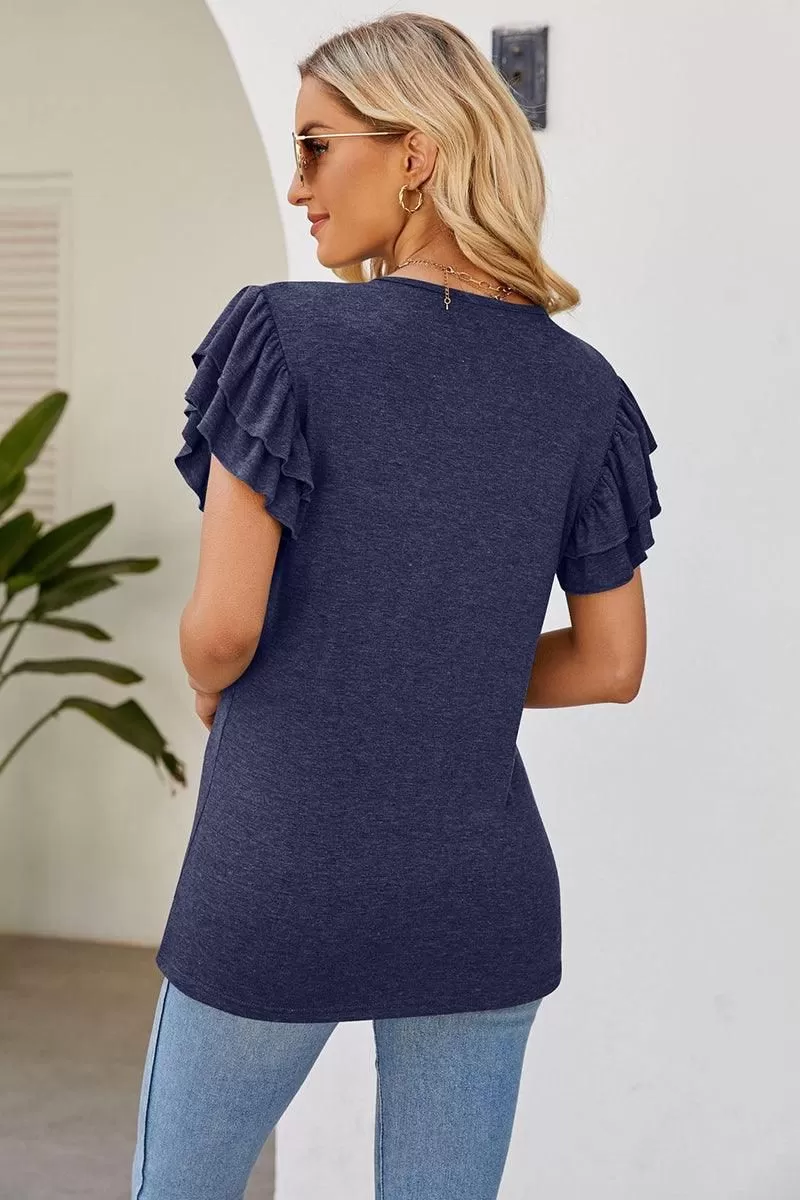 SMOKED SHOULDER RUFFLED SHORT SLEEVE TEE