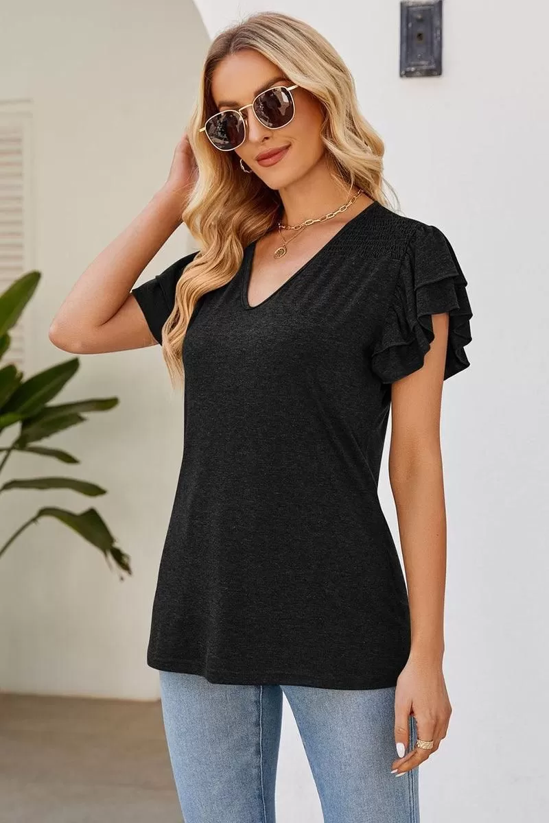 SMOKED SHOULDER RUFFLED SHORT SLEEVE TEE