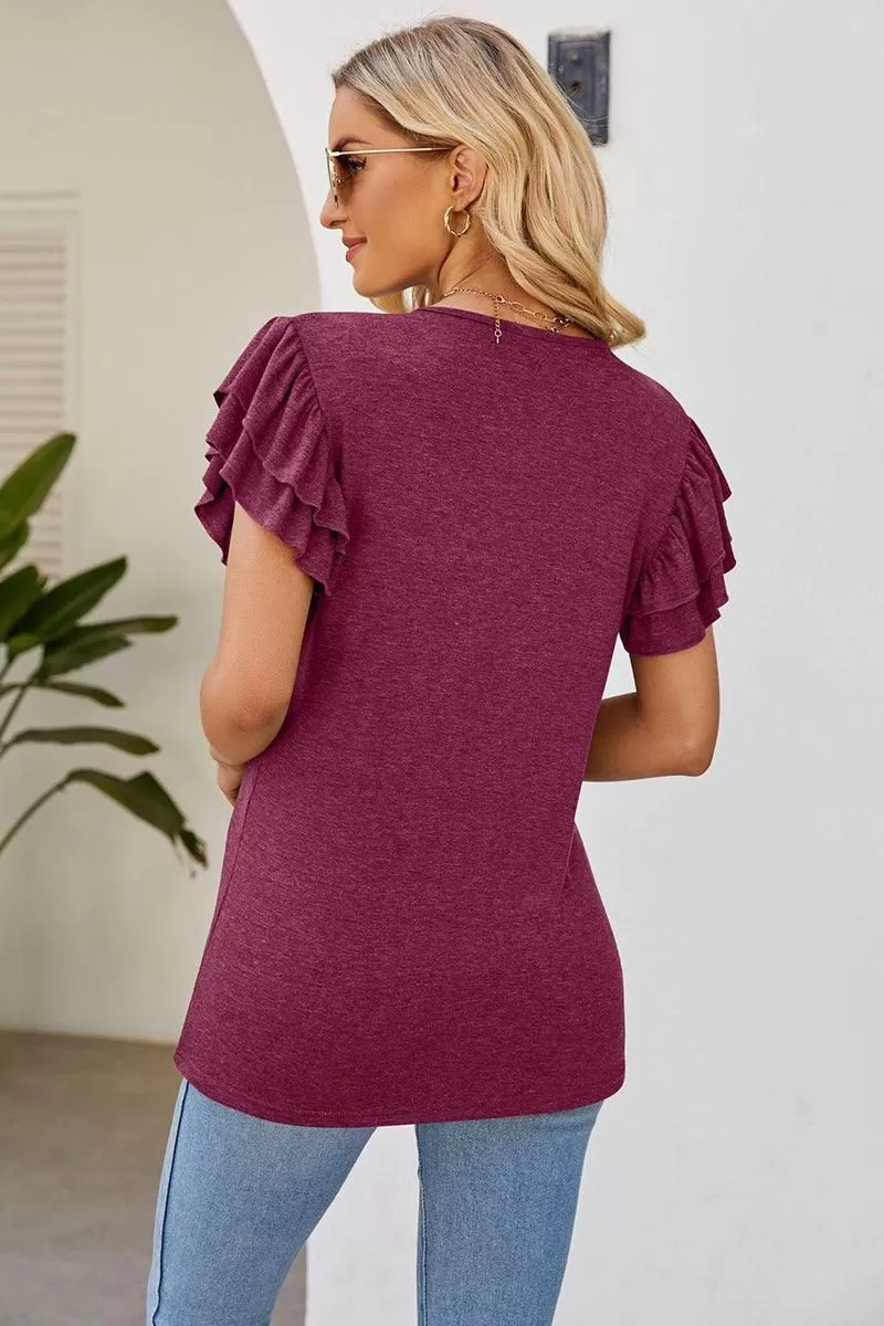 SMOKED SHOULDER RUFFLED SHORT SLEEVE TEE