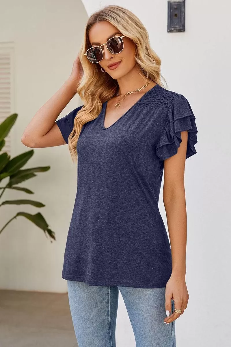 SMOKED SHOULDER RUFFLED SHORT SLEEVE TEE