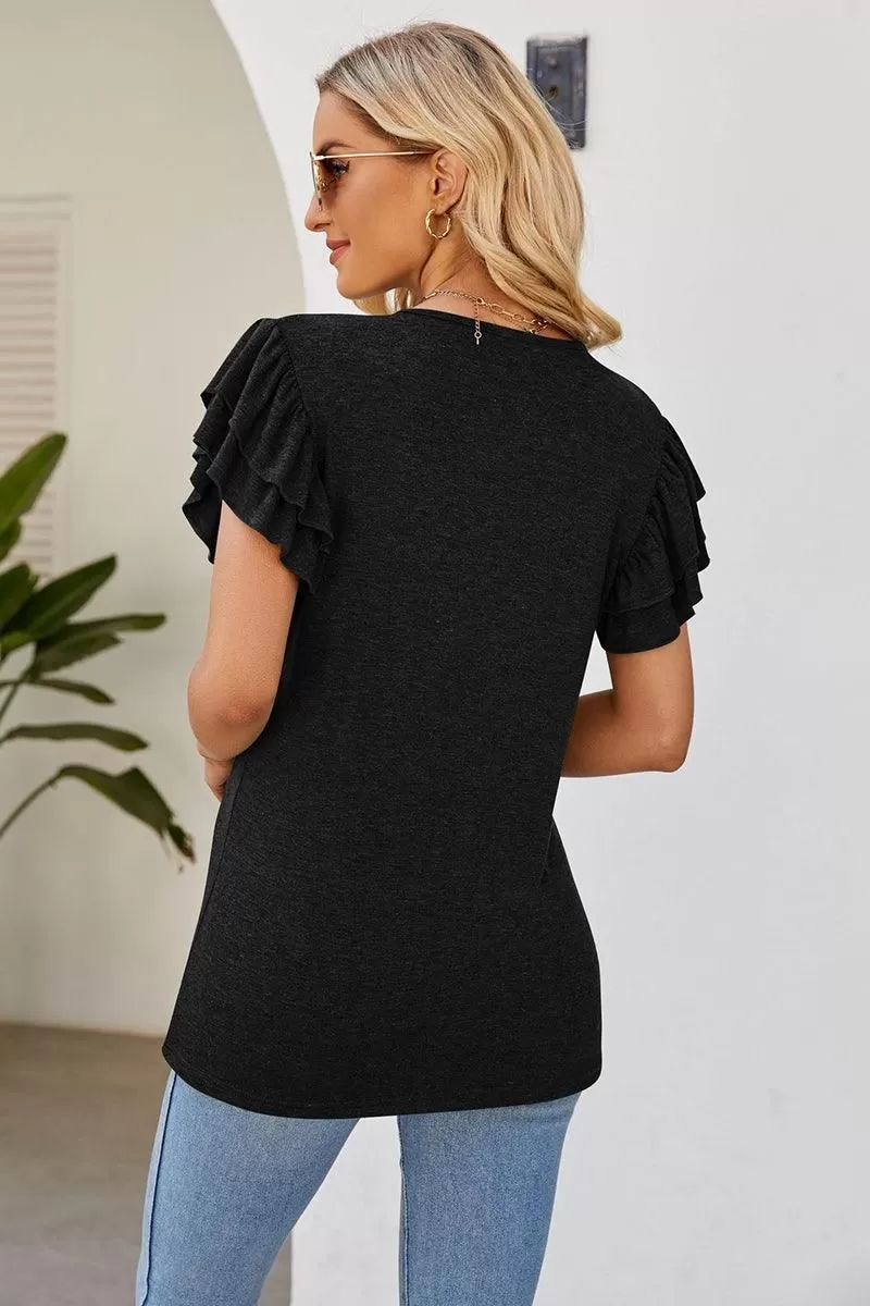 SMOKED SHOULDER RUFFLED SHORT SLEEVE TEE