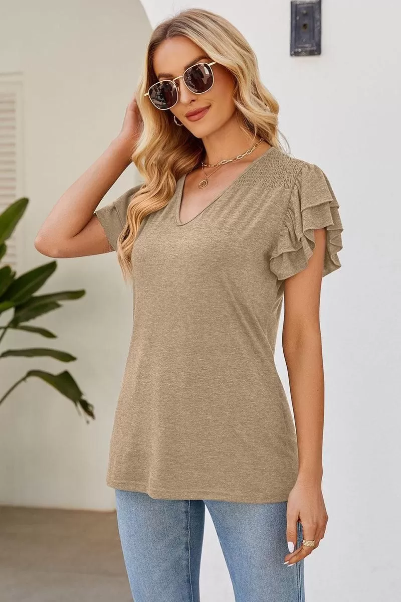 SMOKED SHOULDER RUFFLED SHORT SLEEVE TEE