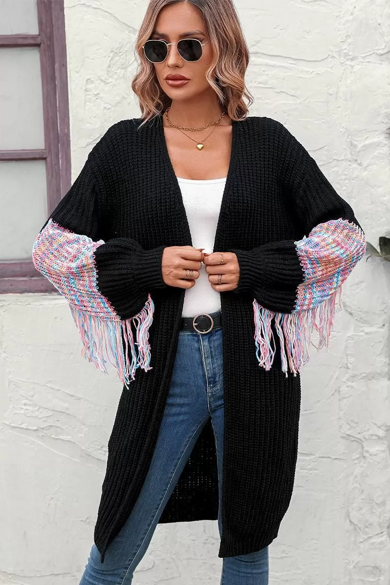 TASSEL DETAILED SLEEVE OVERSIZED LONG CARDIGAN