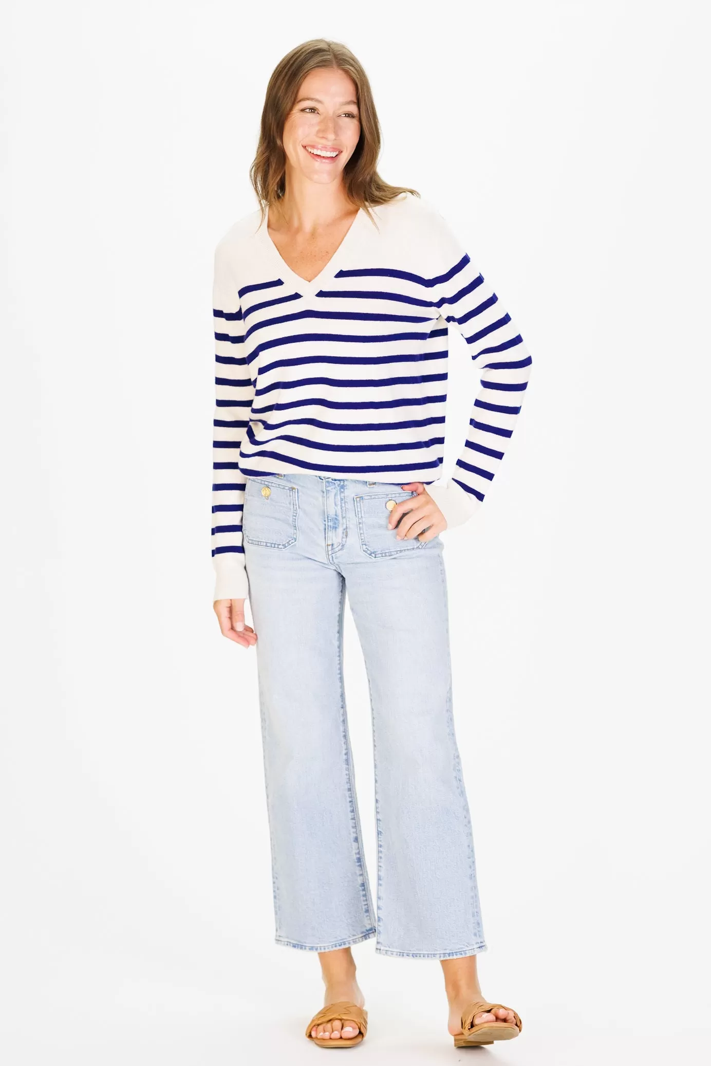 The Everyday 100% Cashmere V-Neck in Chalk White/French Navy Stripe