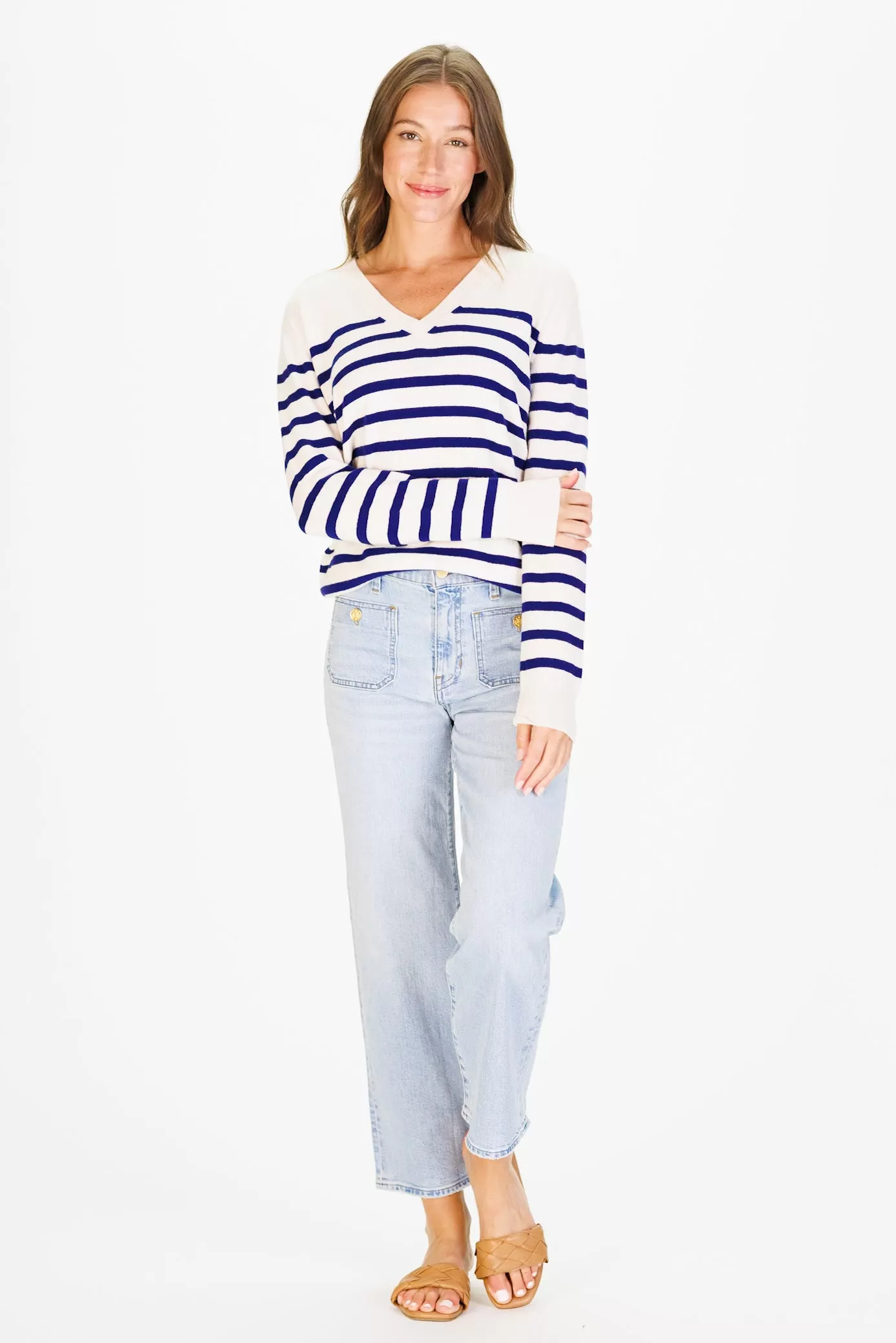 The Everyday 100% Cashmere V-Neck in Chalk White/French Navy Stripe