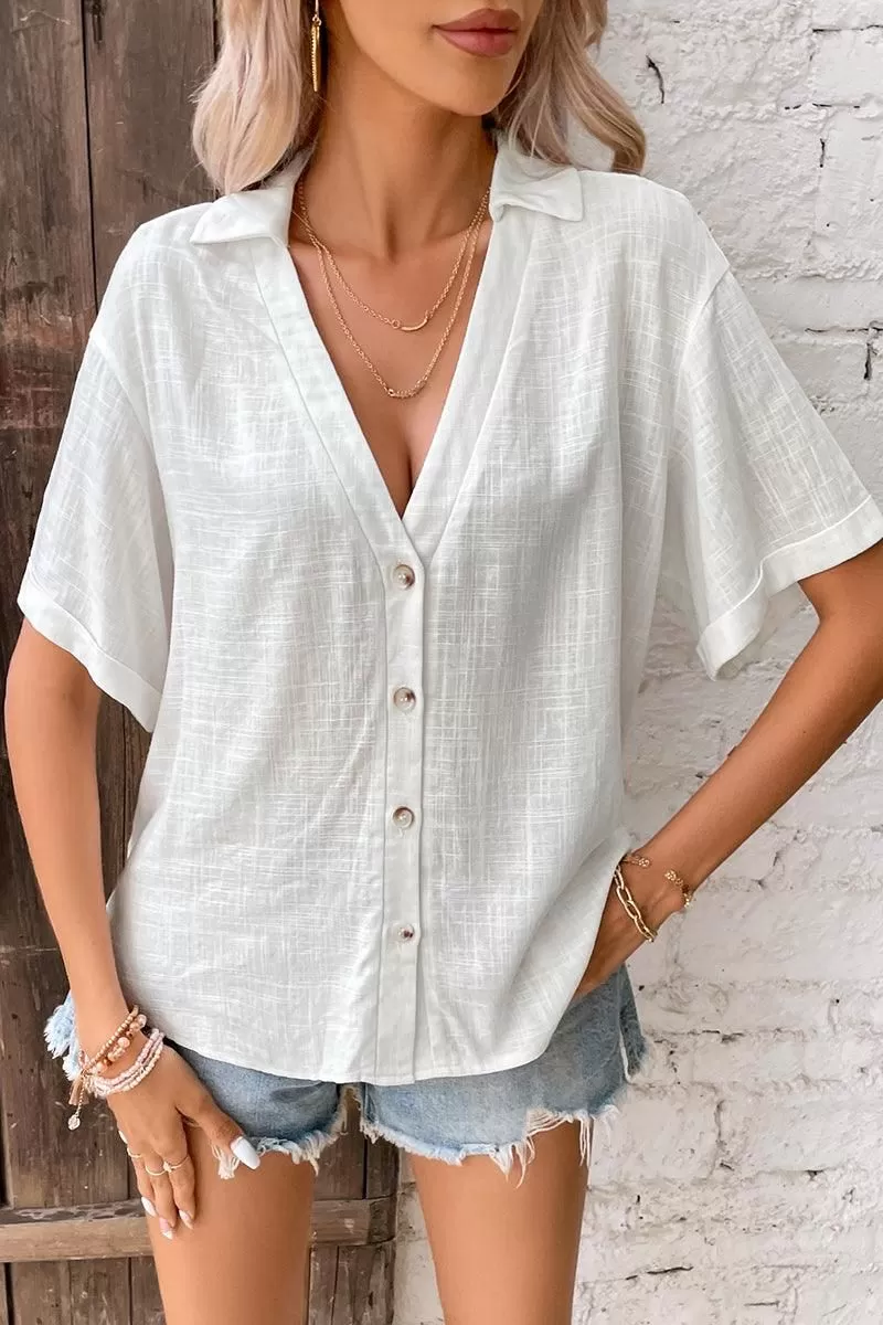 V COLLAR NECK BUTTON LOOSE LINEN SHIRTS