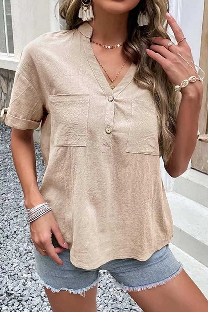 V NECK BUTTON ROLL UP SLEEVE POCKET T SHIRTS