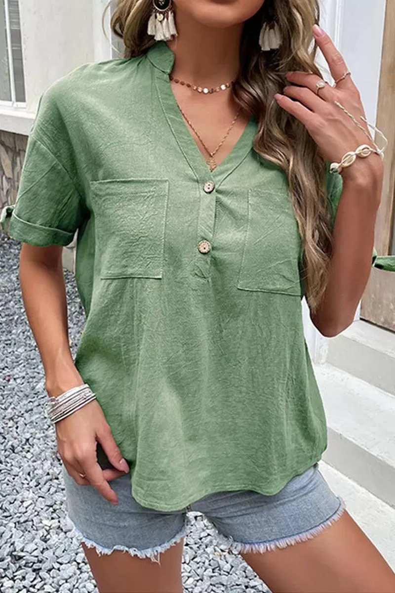 V NECK BUTTON ROLL UP SLEEVE POCKET T SHIRTS