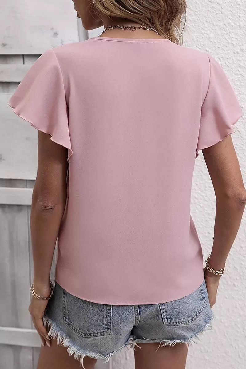 V NECK FLOUNCE SHORT SLEEVE BLOUSE