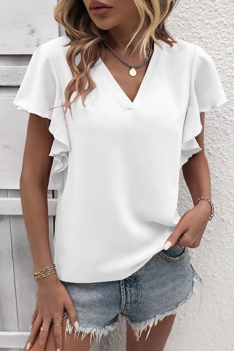 V NECK FLOUNCE SHORT SLEEVE BLOUSE