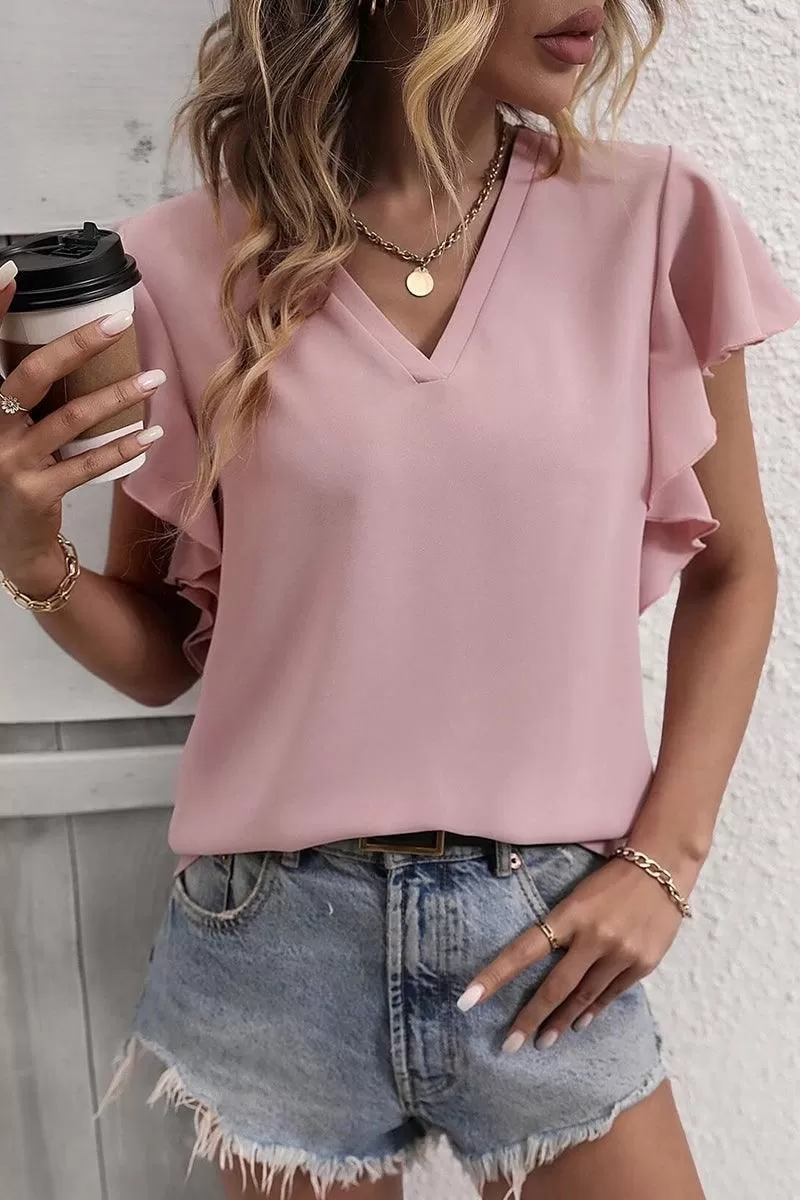 V NECK FLOUNCE SHORT SLEEVE BLOUSE