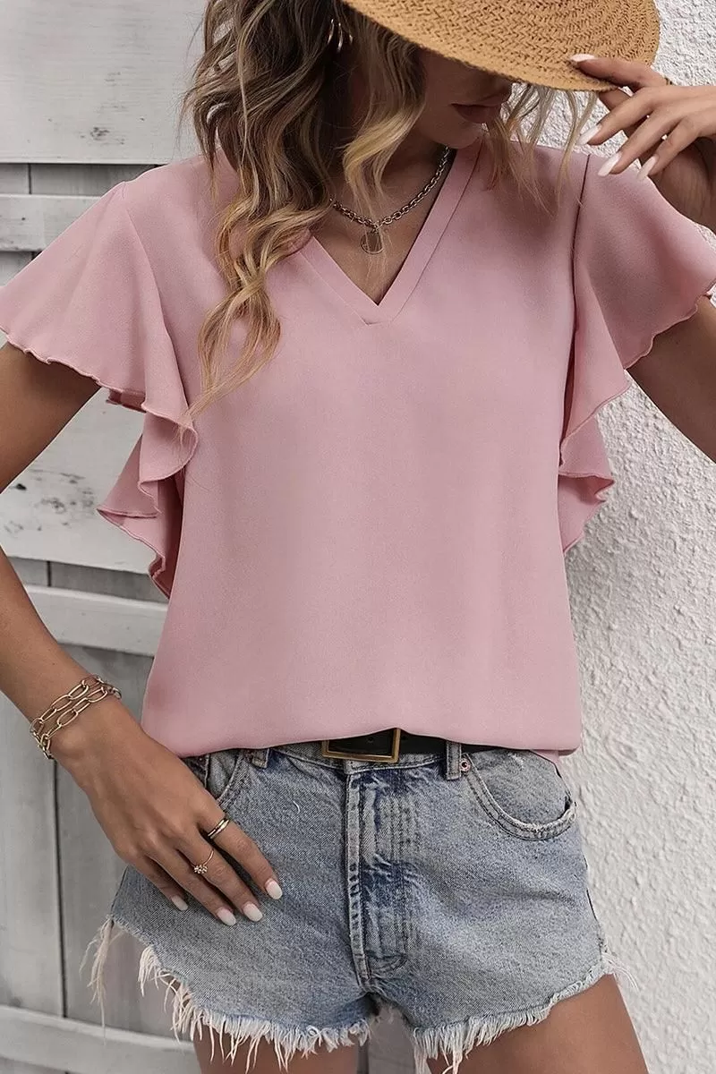 V NECK FLOUNCE SHORT SLEEVE BLOUSE