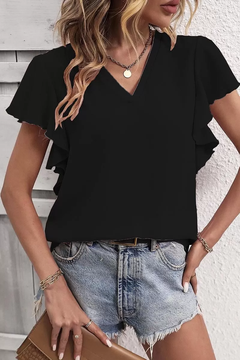 V NECK FLOUNCE SHORT SLEEVE BLOUSE