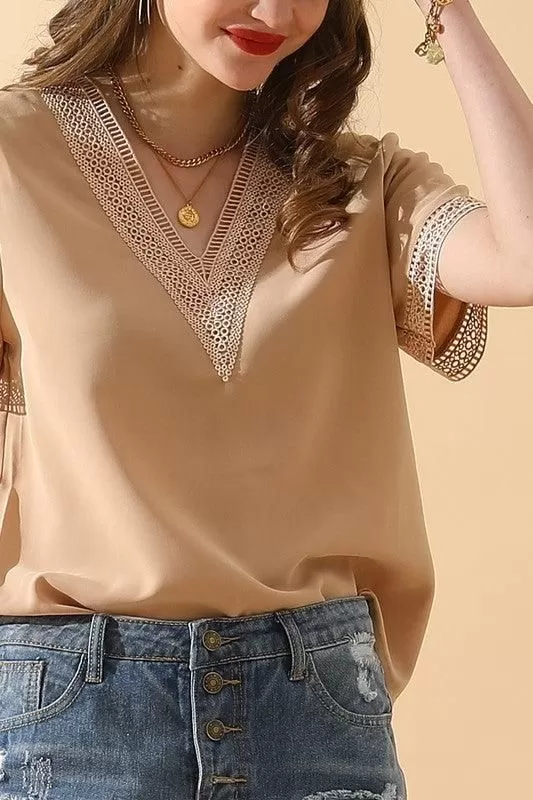 V NECK LACE POINT SHORT SLEEVE BLOUSE TOP