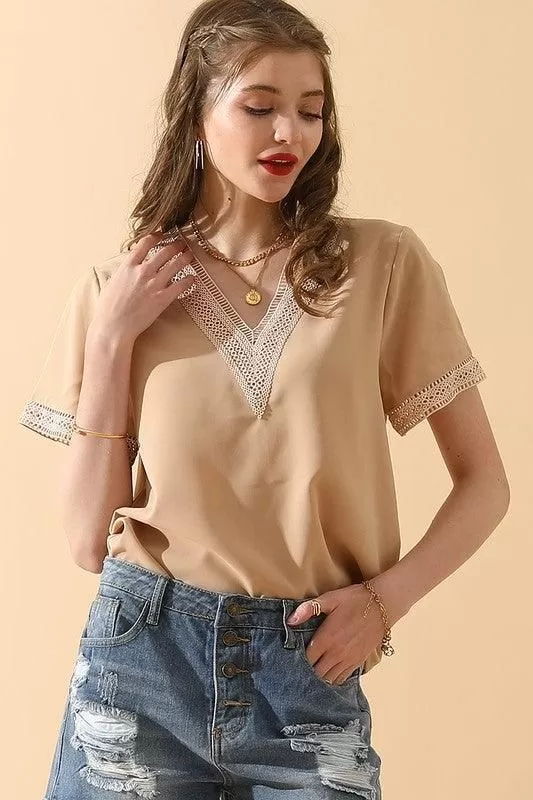 V NECK LACE POINT SHORT SLEEVE BLOUSE TOP