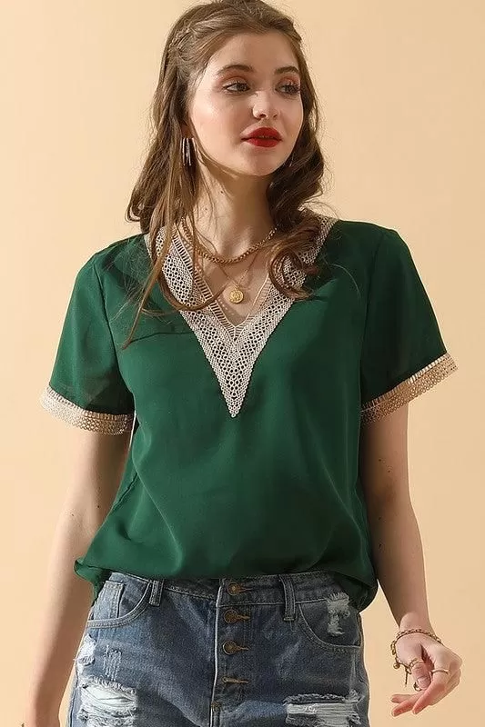 V NECK LACE POINT SHORT SLEEVE BLOUSE TOP