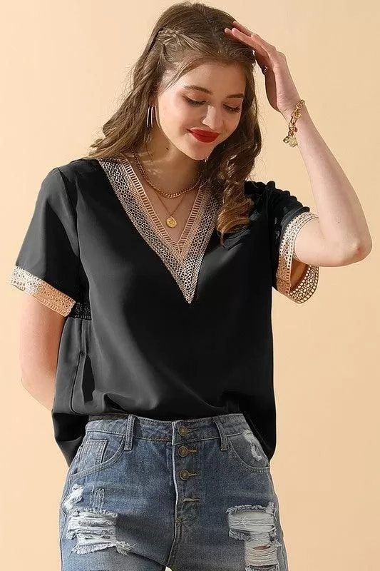 V NECK LACE POINT SHORT SLEEVE BLOUSE TOP