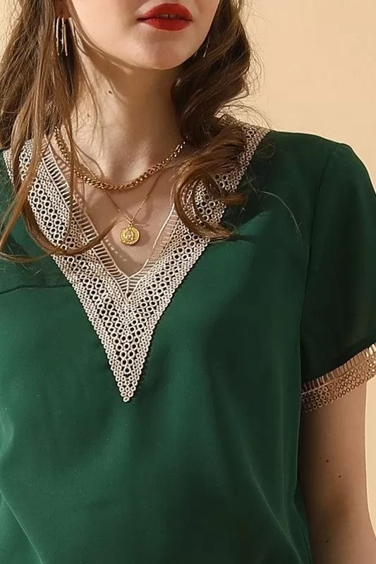 V NECK LACE POINT SHORT SLEEVE BLOUSE TOP