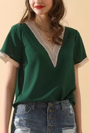 V NECK LACE POINT SHORT SLEEVE BLOUSE TOP