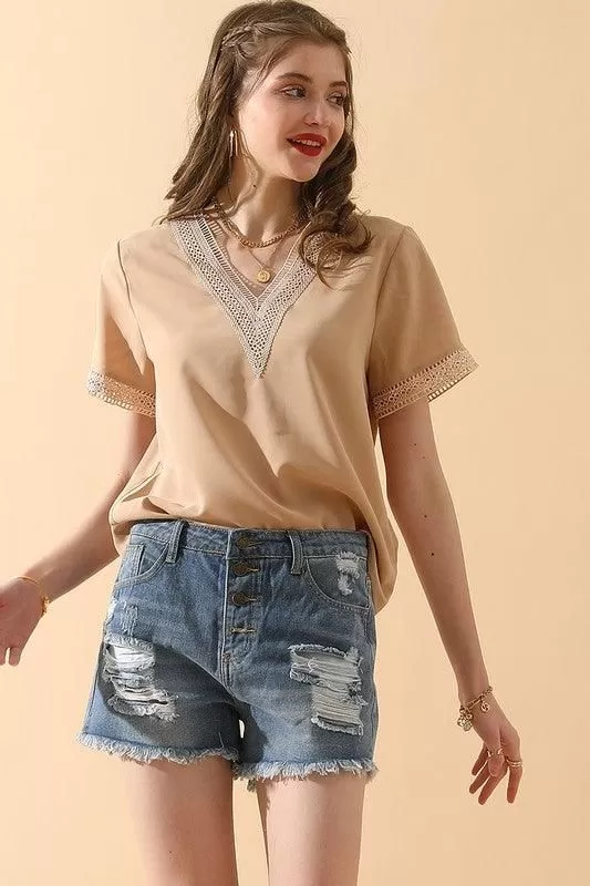 V NECK LACE POINT SHORT SLEEVE BLOUSE TOP